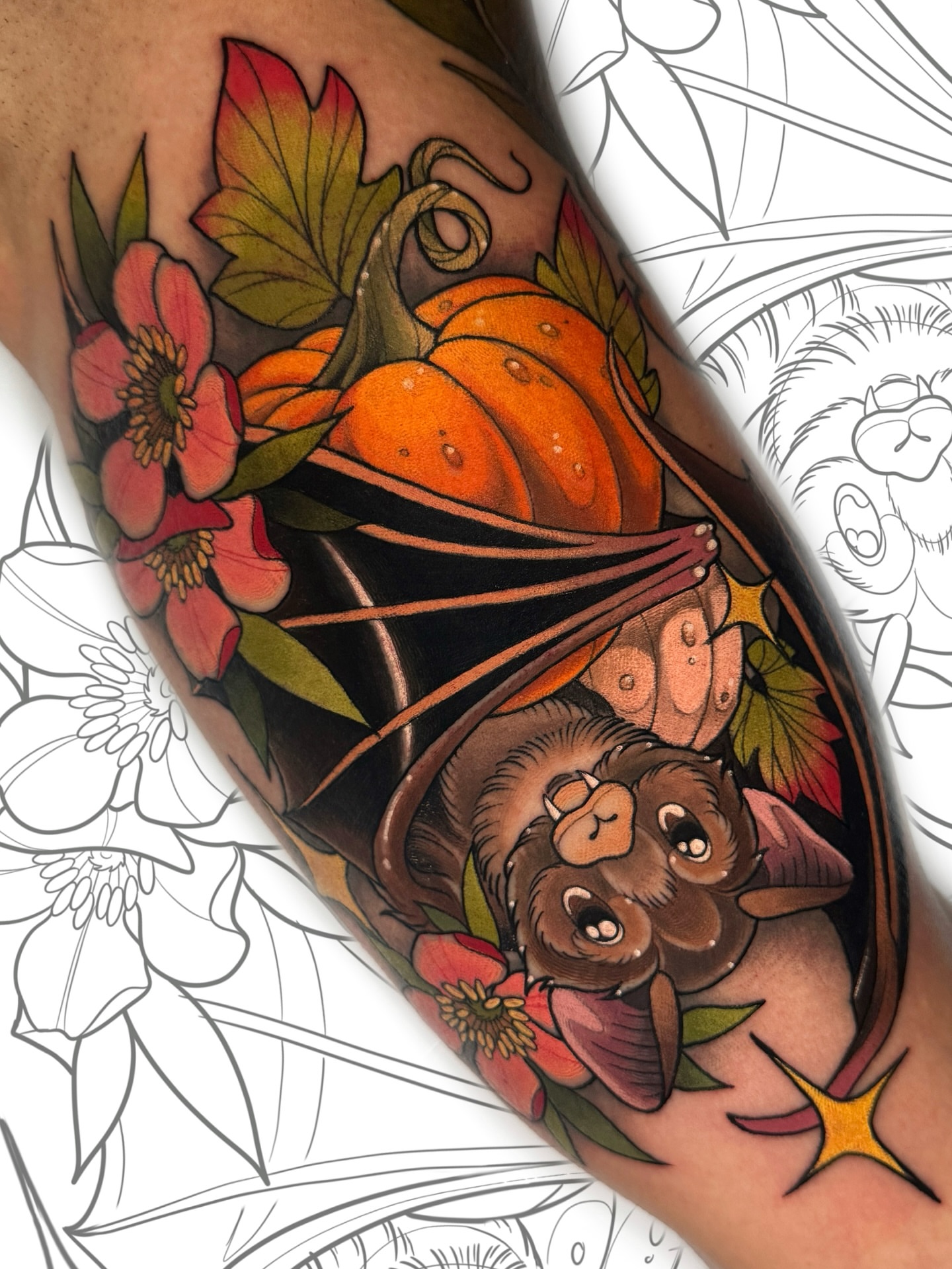 Bat and autumn leaves American traditional tattoo on the forearm by James Boag
