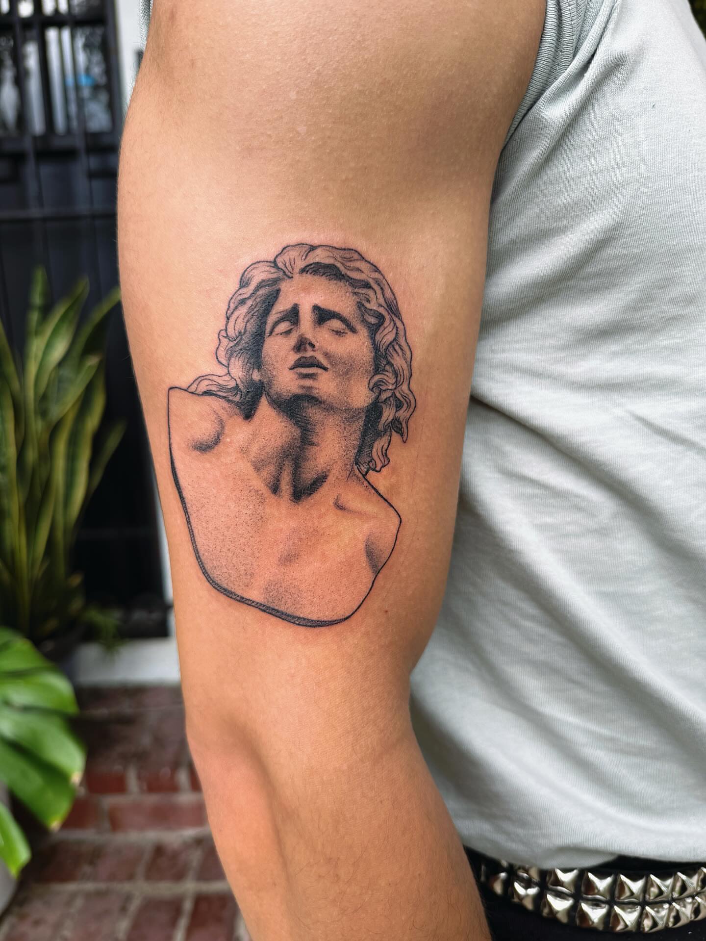Statue bust black and grey tattoo on the forearm by π½πππππ π½πππππππ, New Orleans, Louisiana