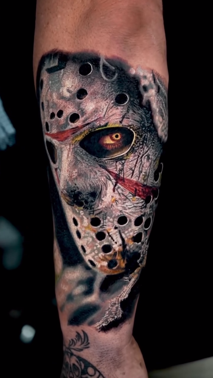 Jason Voorhees mask realism tattoo by B R A D C H A R L e S