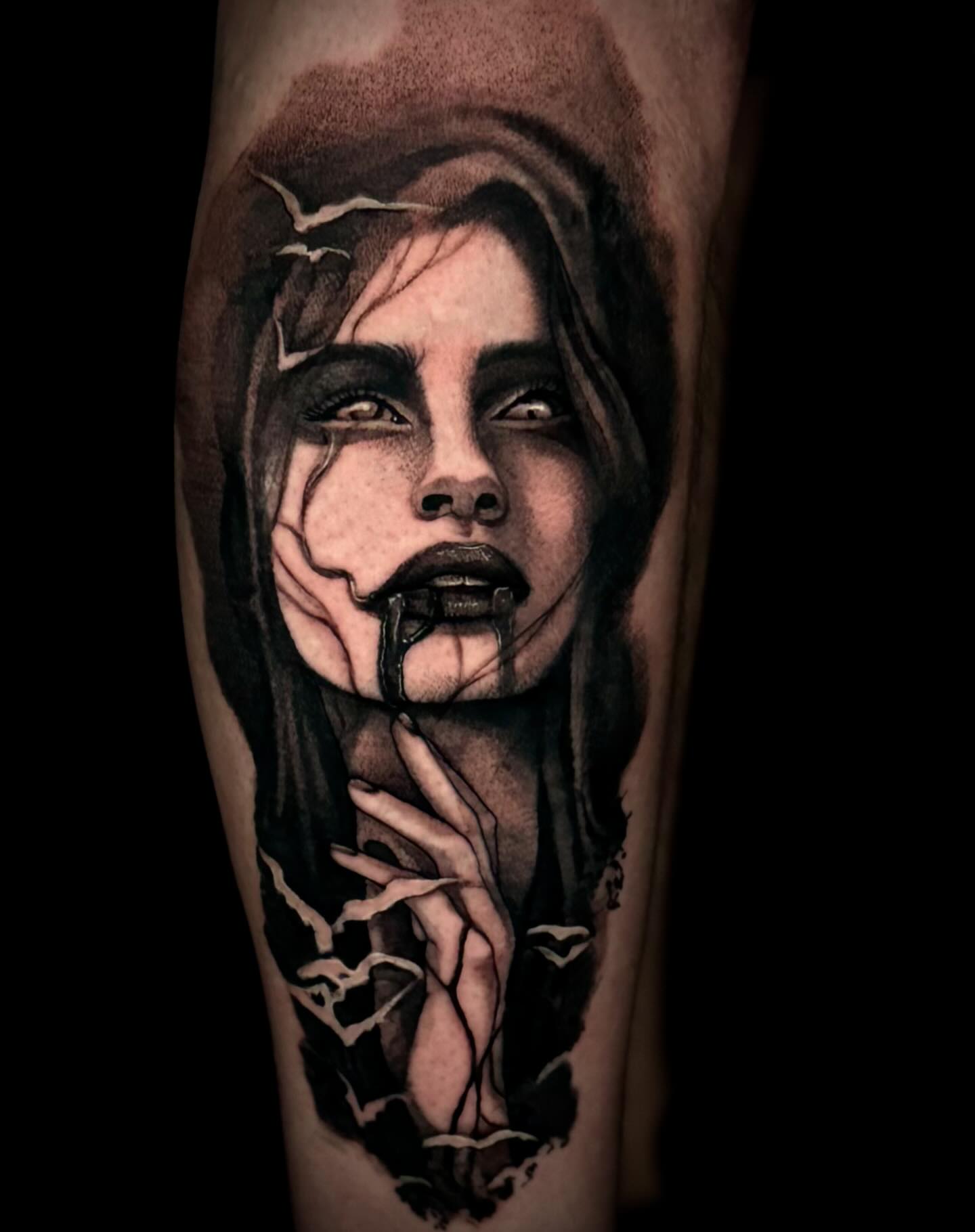 Woman dark realism tattoo on the forearm by Mandi Marie, Charlotte, North Carolina