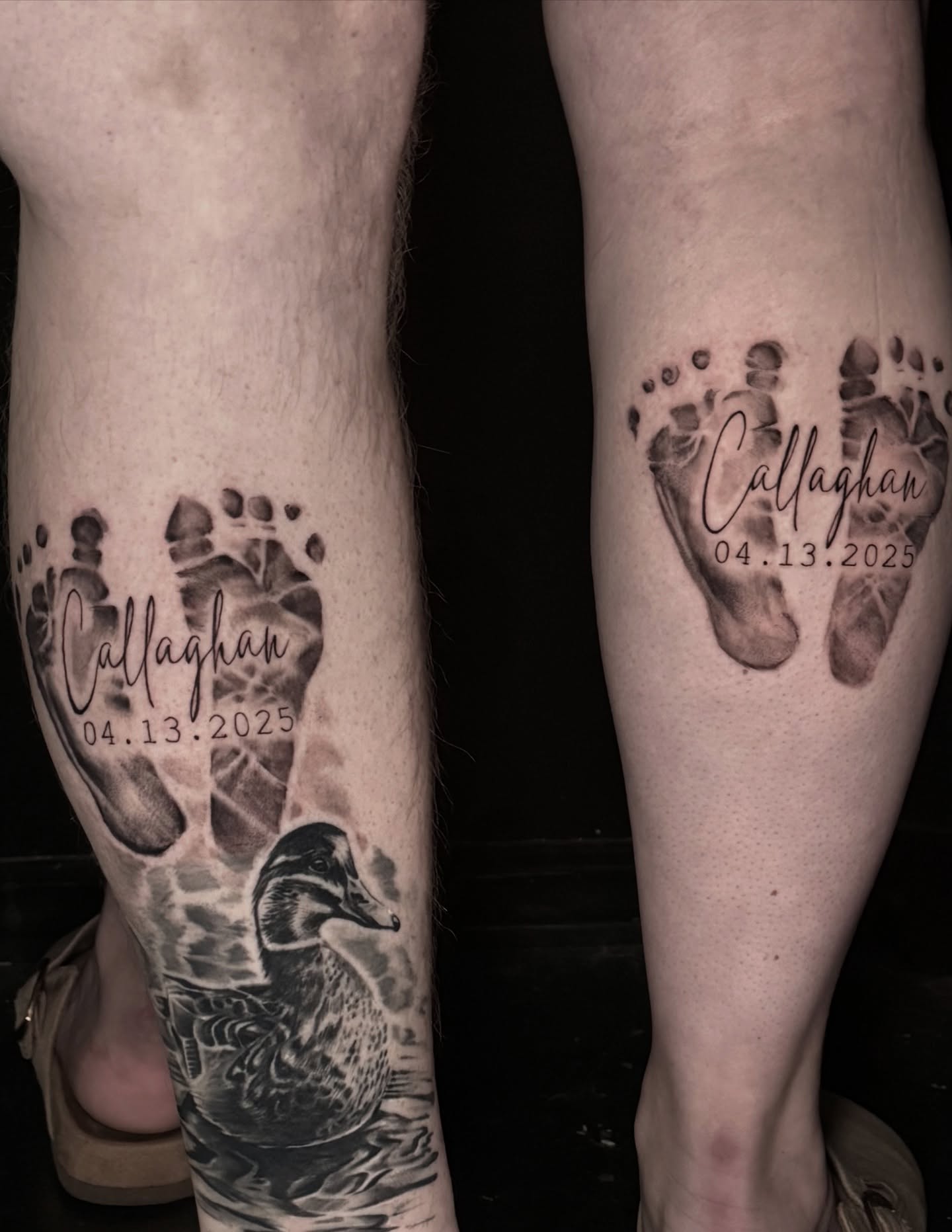 Duck and footprints realism tattoo on the calf by Indiana Tattoo Artist