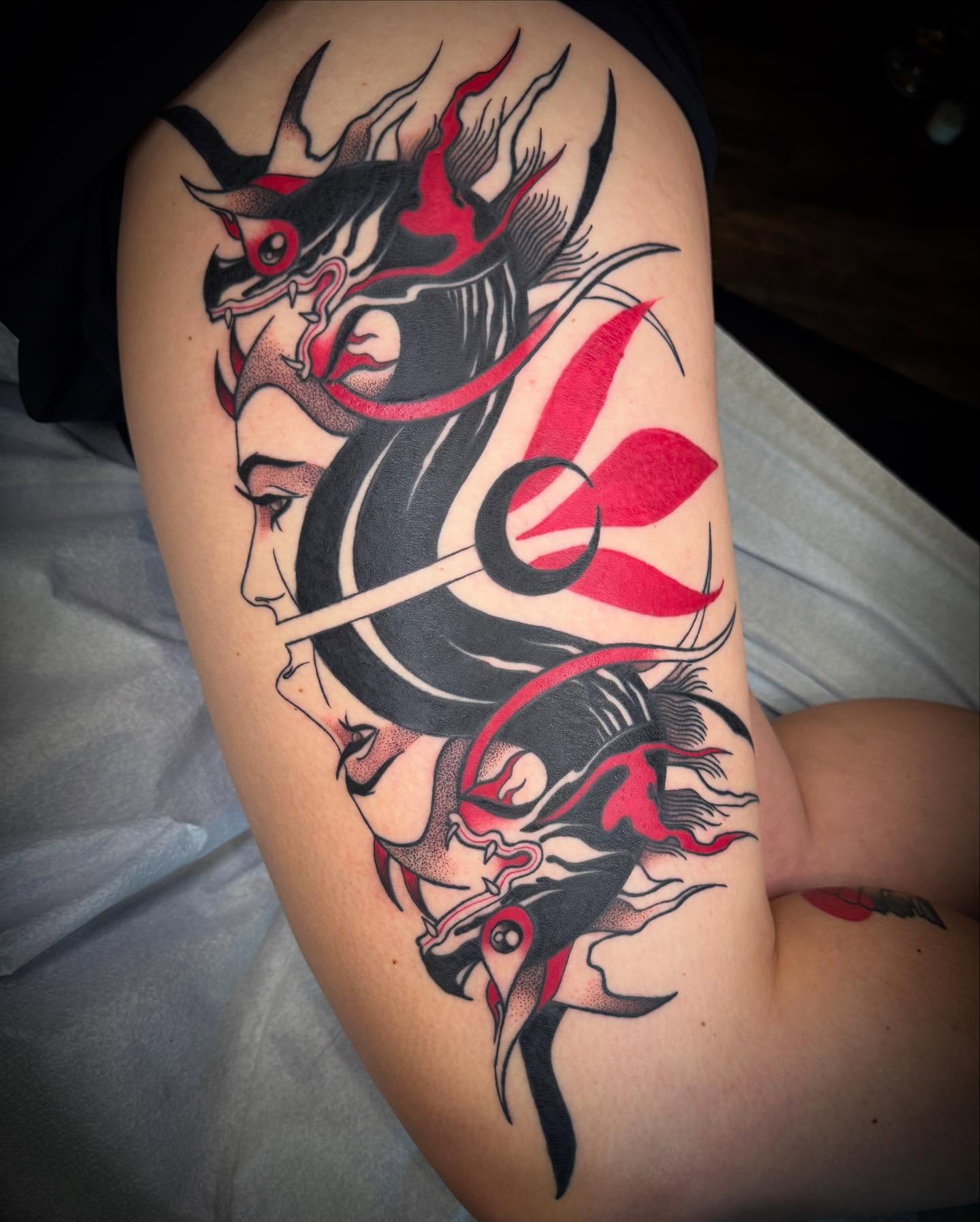 Geisha dotwork tattoo on the thigh by Paul Giovis