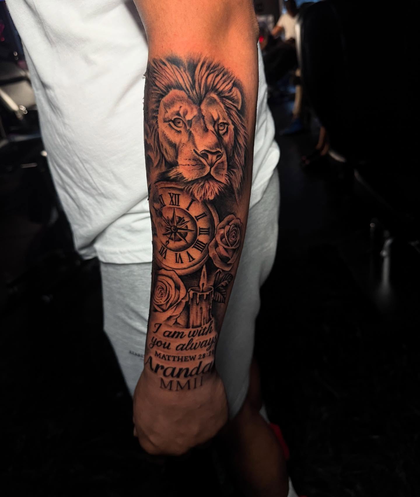 Lion and clock realism tattoo on the forearm by ✧ Dallas Tattoo Artist  ✧