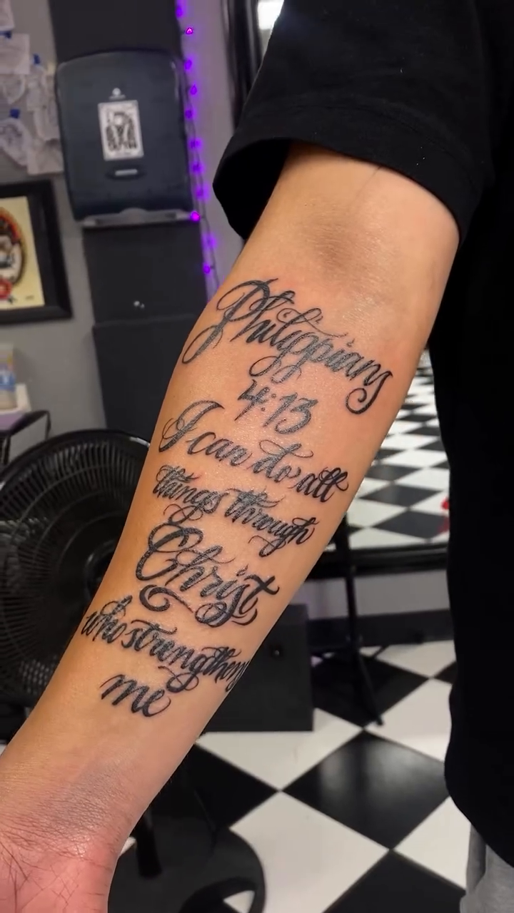 Philippians 4:13 scripture lettering script tattoo by 𝐵𝓇𝓎𝒶𝓃𝓃𝒶 𝒞𝑜𝓇𝓉𝑒𝓏