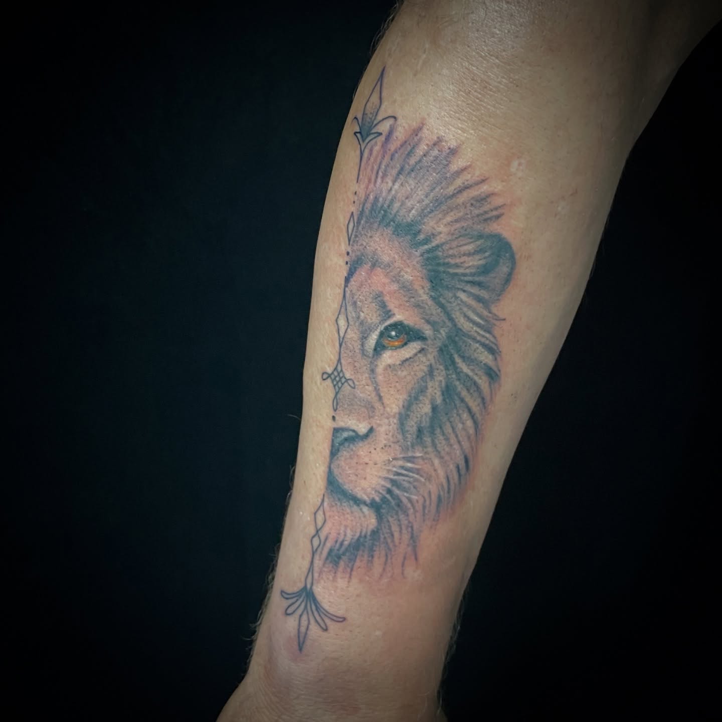 Lion realism tattoo on the forearm by Will McCoy (Tattooist), Murray, Utah