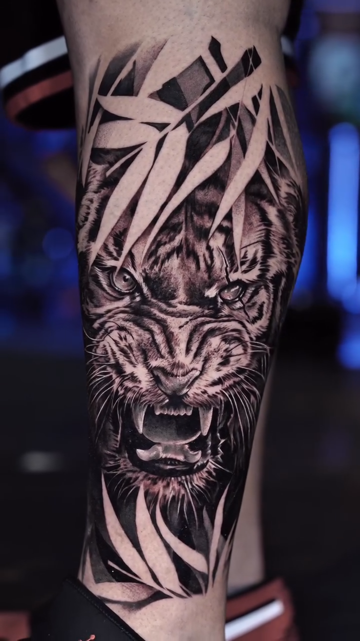 Tiger head with bamboo realism tattoo by Francis nieves, Miami, Florida