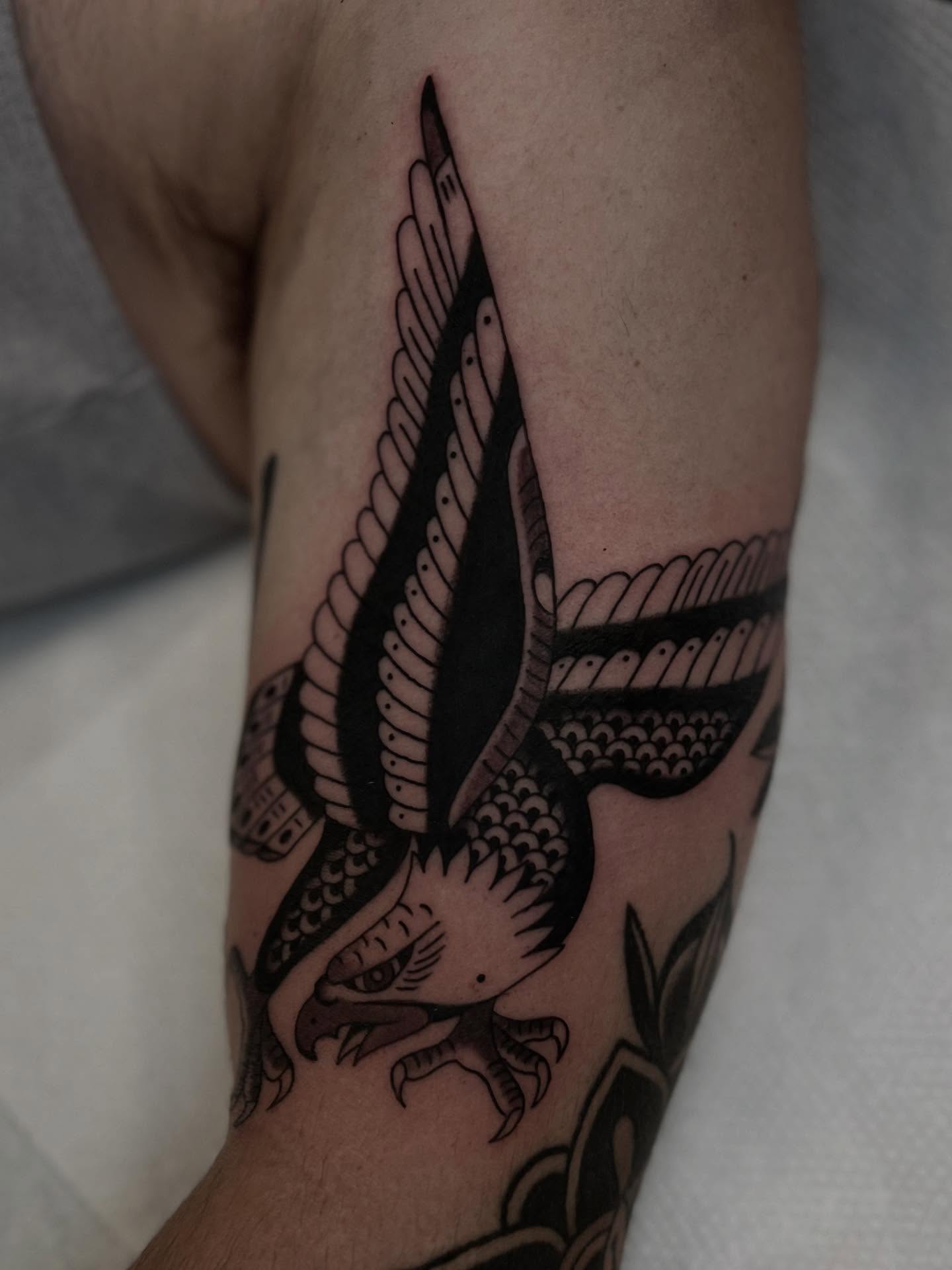 Hawk American traditional tattoo on the forearm by Syd Sayyah