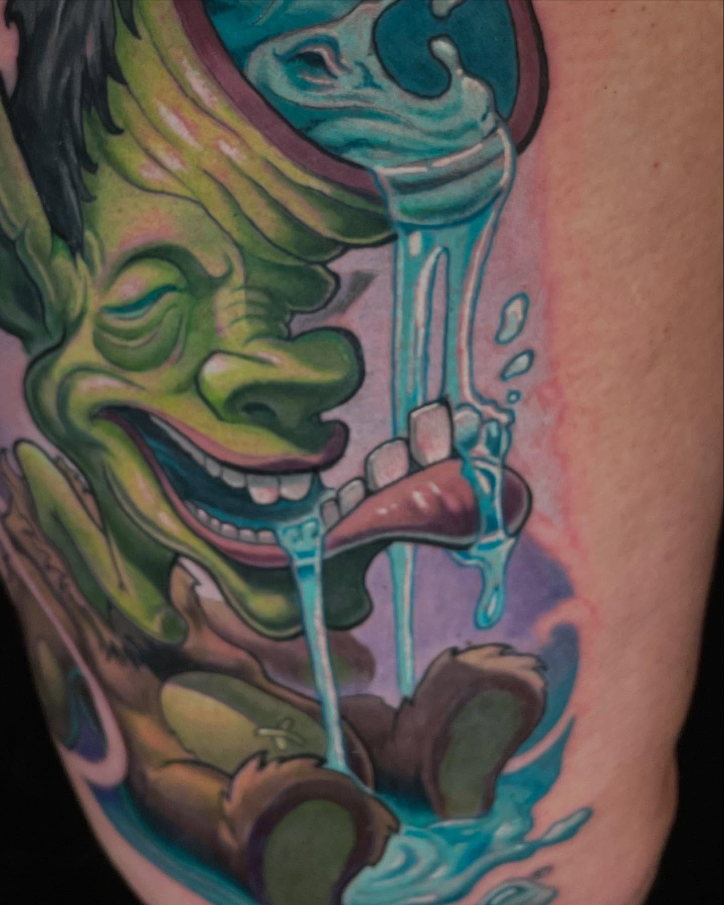 Green monster new school tattoo on the forearm by Zoe "Z" Fisk