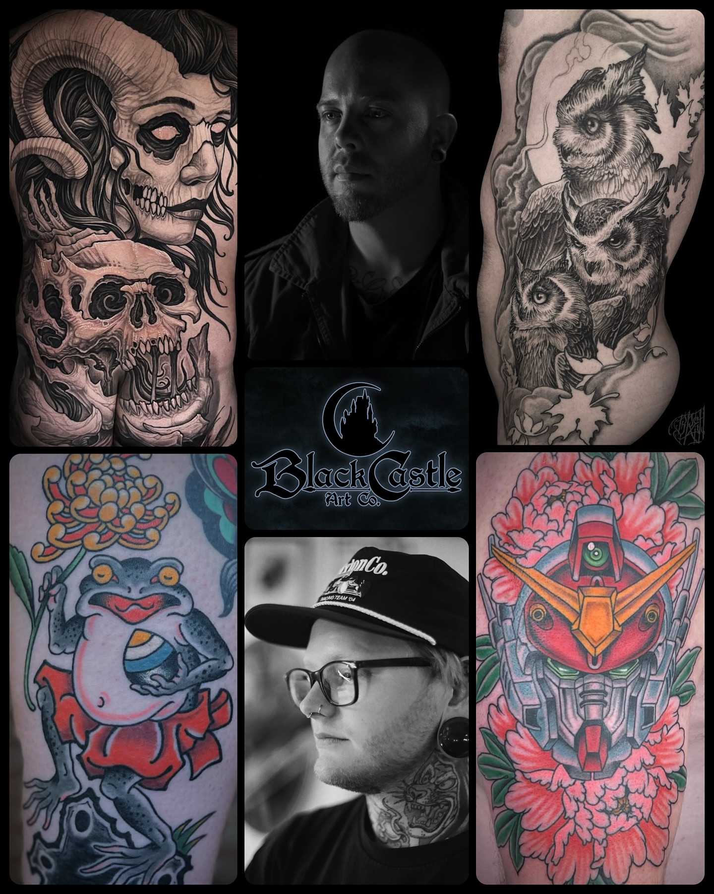Owl and skull realism tattoo on the upper arm by Brett Herman, Denver, Colorado