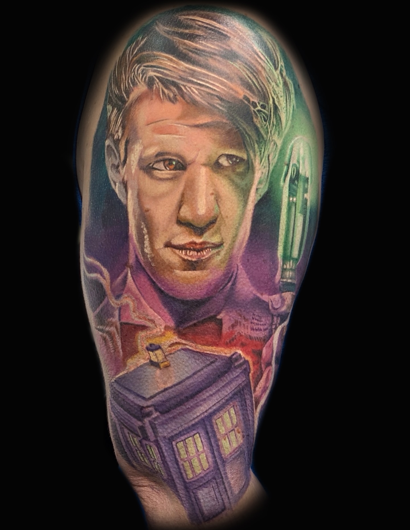Doctor who realism tattoo on the forearm by Brandon Bowie