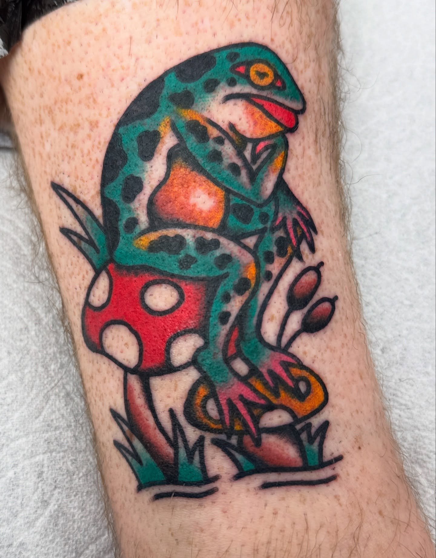 Frog and mushroom American traditional tattoo on the forearm by Joey Burdette Tattoos