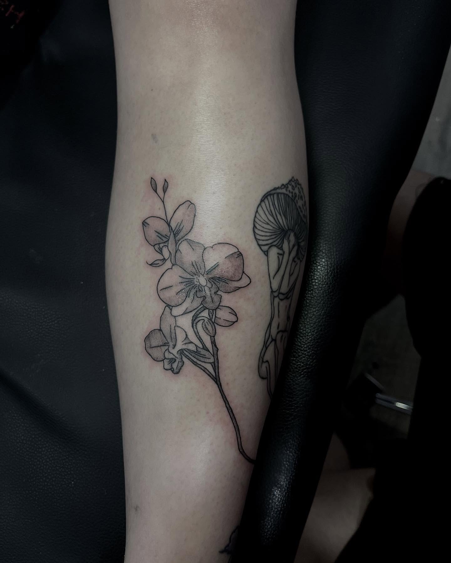 Orchid and mushroom realism tattoo on the forearm by Angel Arceo