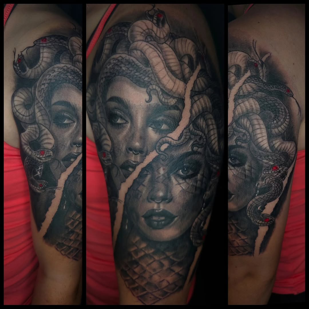 Medusa portrait with snakes realism tattoo on the shoulder by Ian Duncanson