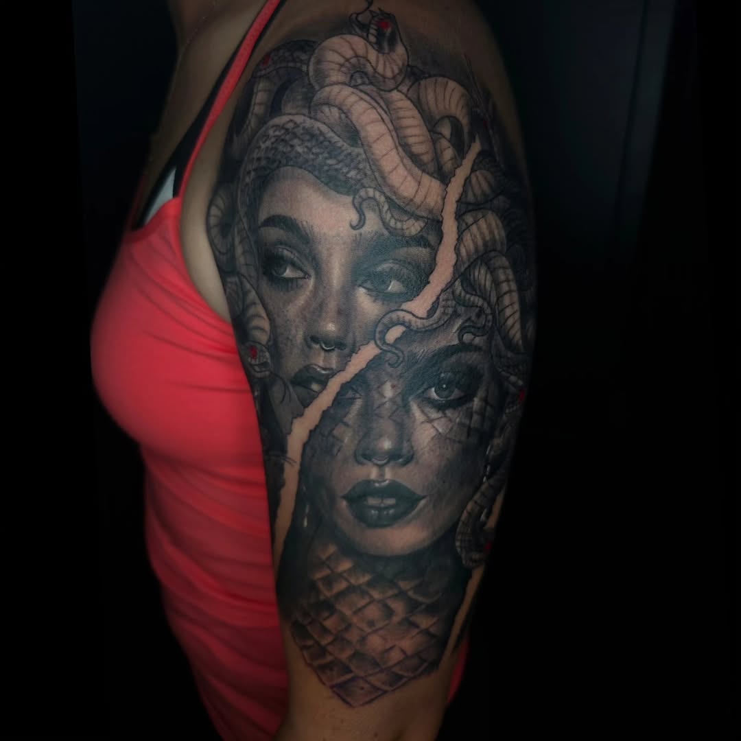 Medusa portrait realism tattoo on the shoulder by Ian Duncanson