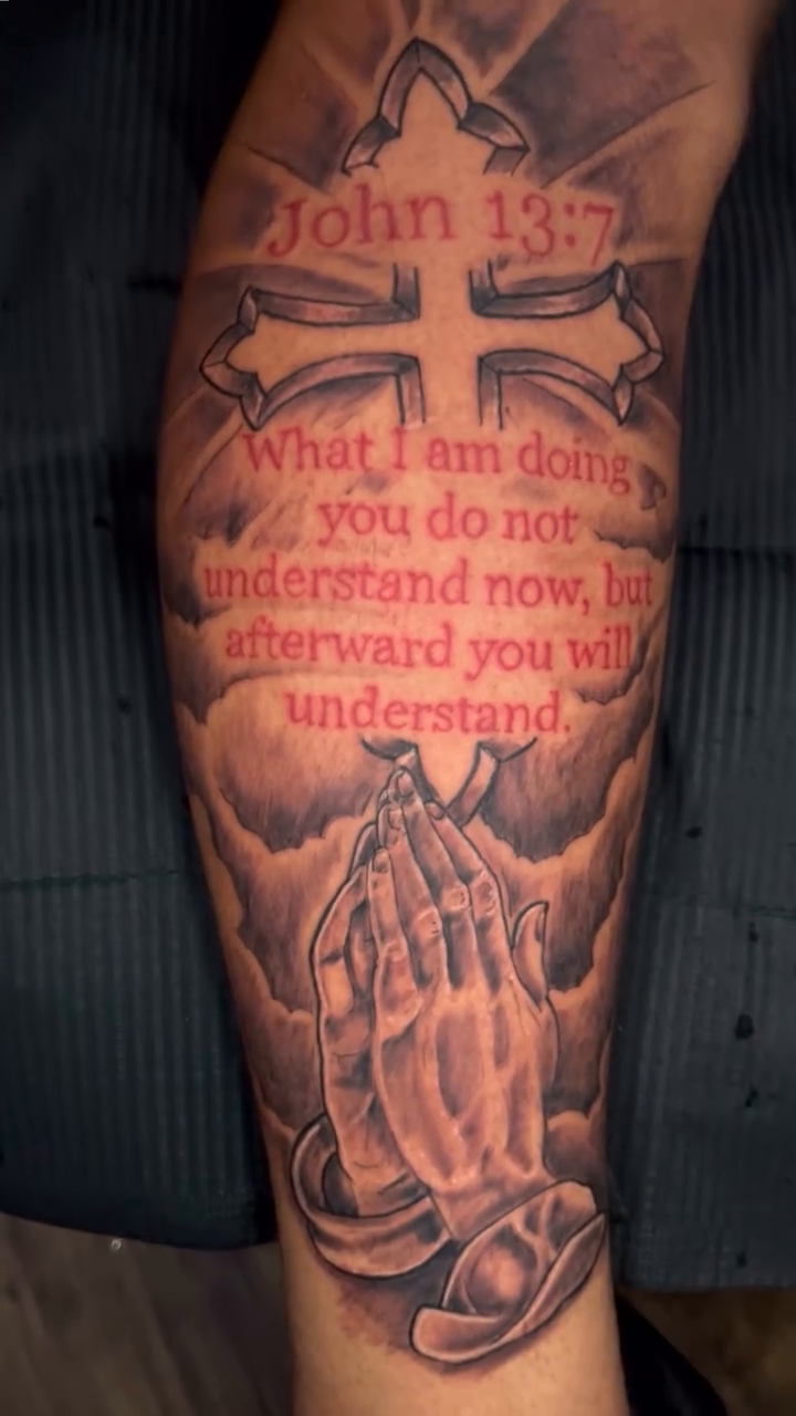 Religious text and imagery lettering script tattoo by Jakobi