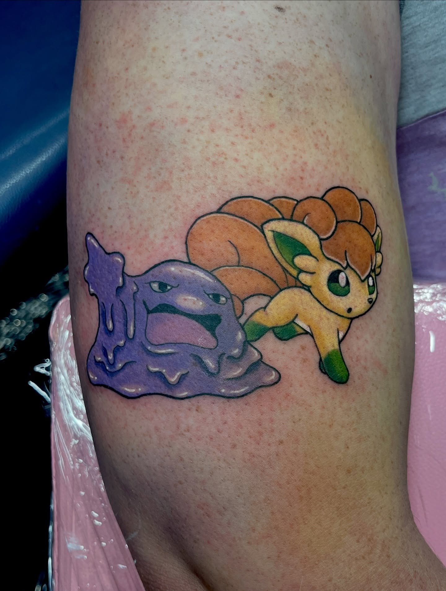 Squirtle and eevee new school tattoo on the forearm by Cheyanne Peck