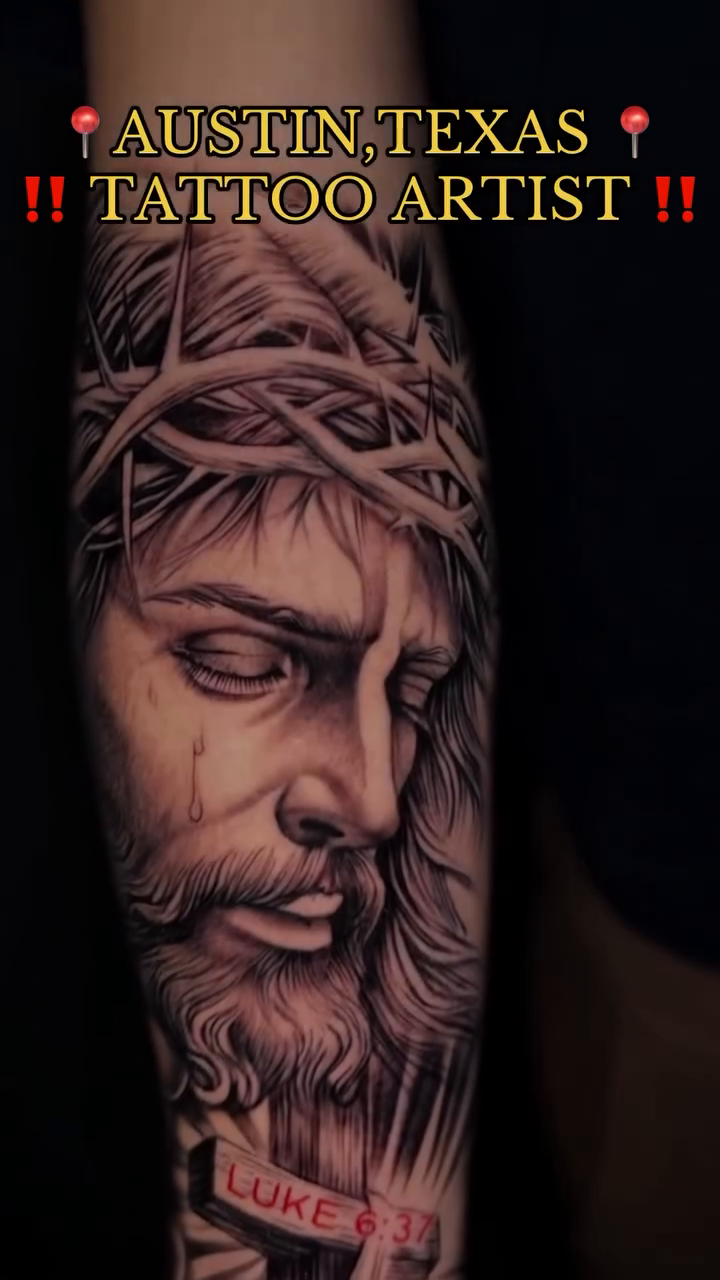 Jesus Christ portrait realism tattoo by 📍 Austin