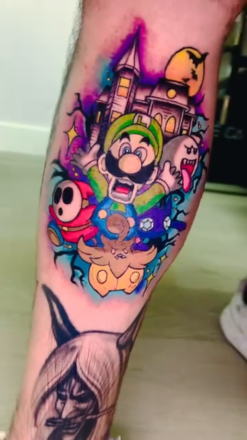 Luigi and Boo from Mario new school tattoo by Ashley Fino, Las Vegas, Nevada