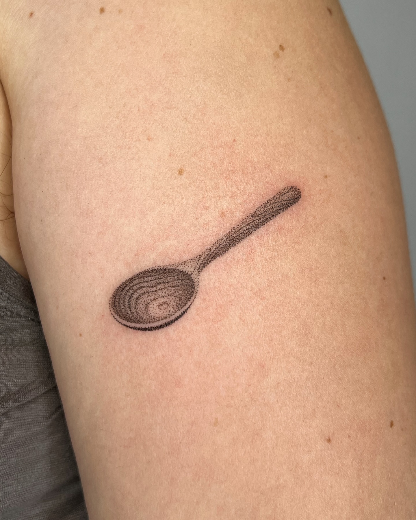 Wooden spoon dotwork tattoo on the forearm by kait ❃ hartman