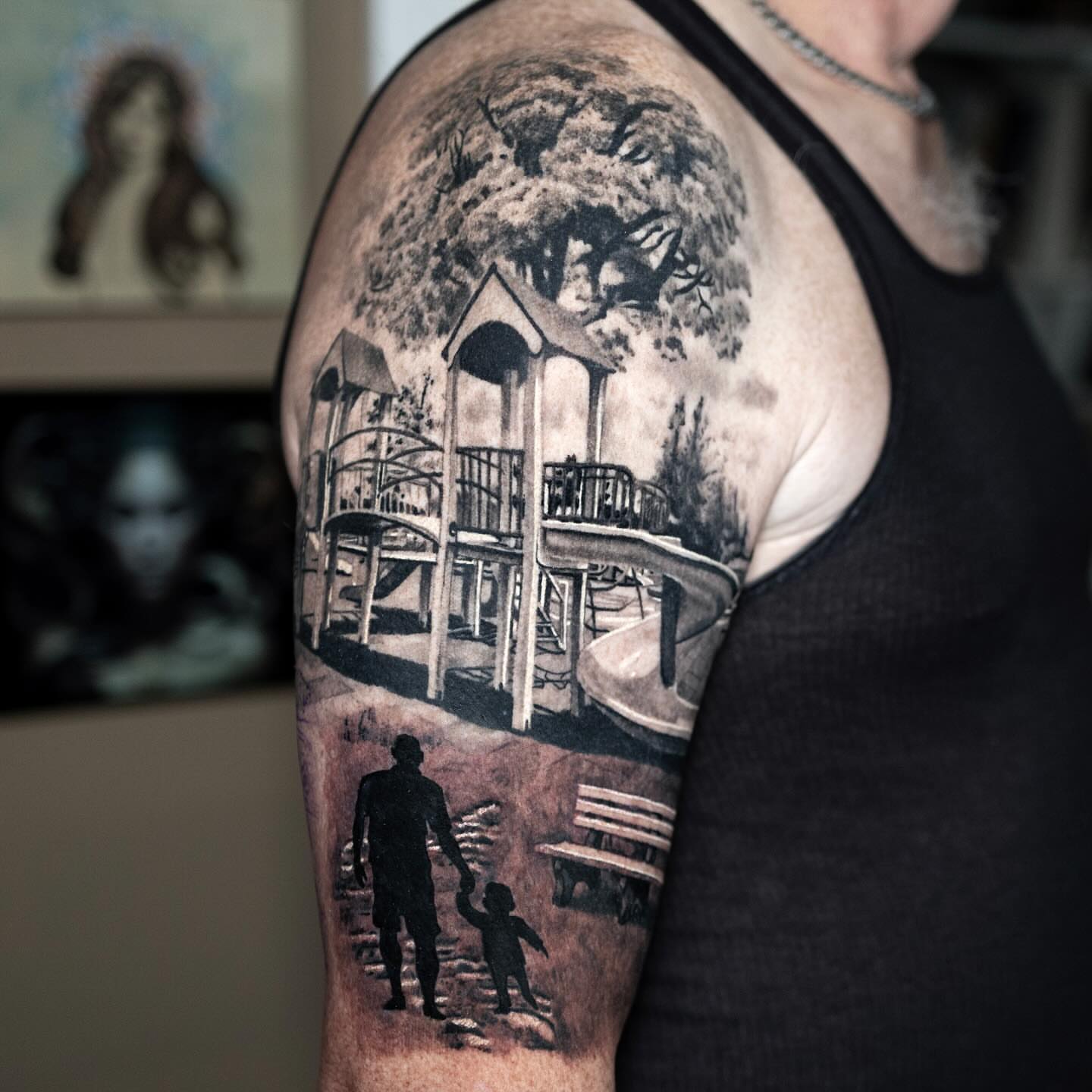 Playground scene realism tattoo on the upper arm by Realistic tattoos in Minneapolis, MN, Minneapolis, Minnesota