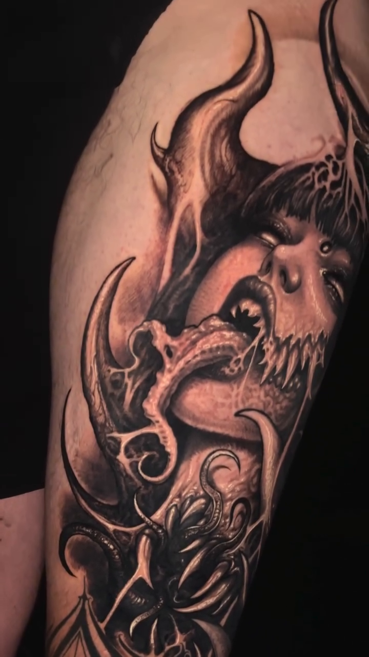 Tattoo by @aaronmtattoos — dark_realism, black_and_grey