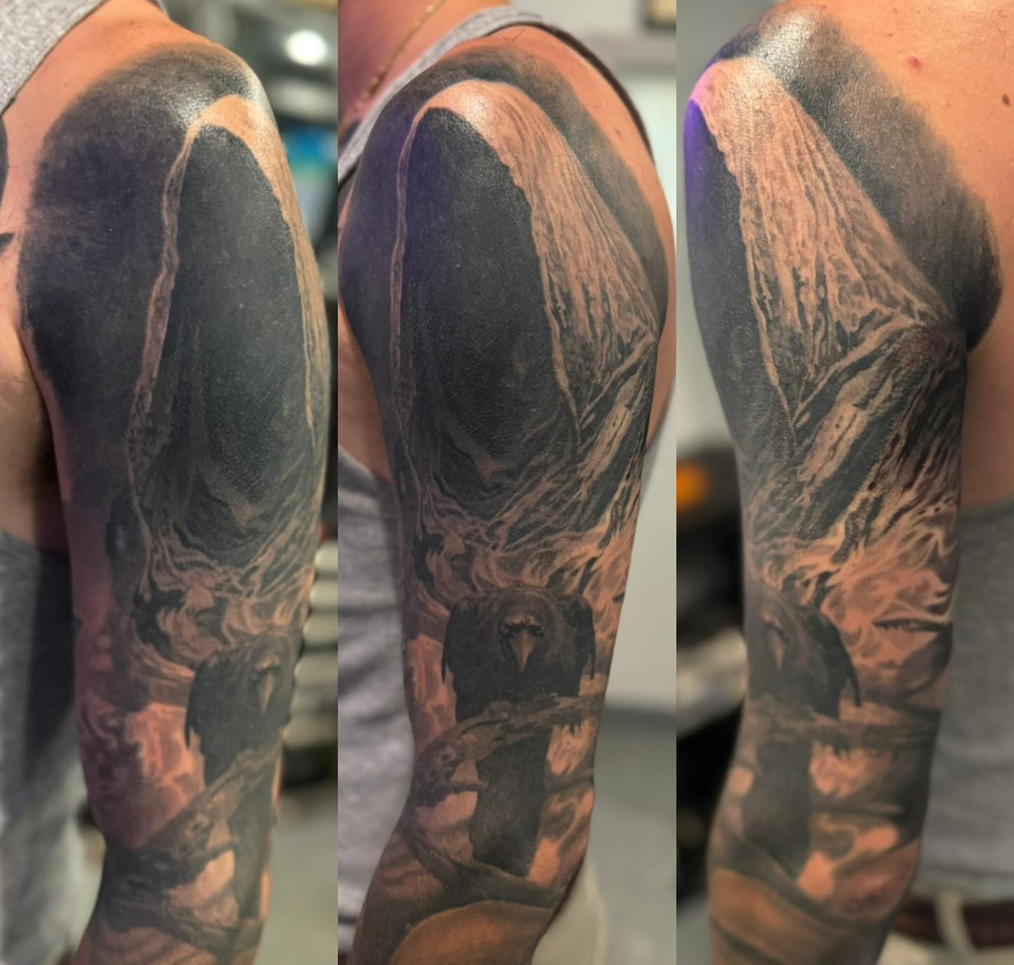 Ravens and mountain dark realism tattoo on the forearm by marcus labonne