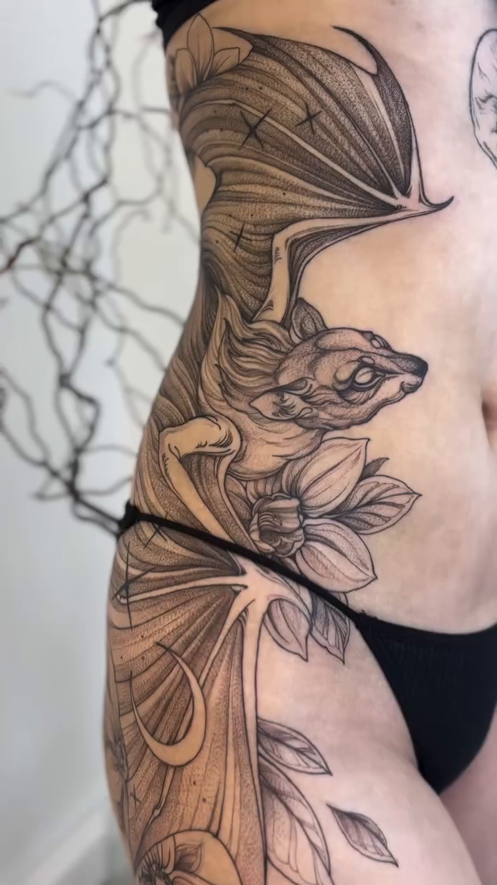 Bat and flowers realism tattoo by vaprol tattoo ✧ Boston