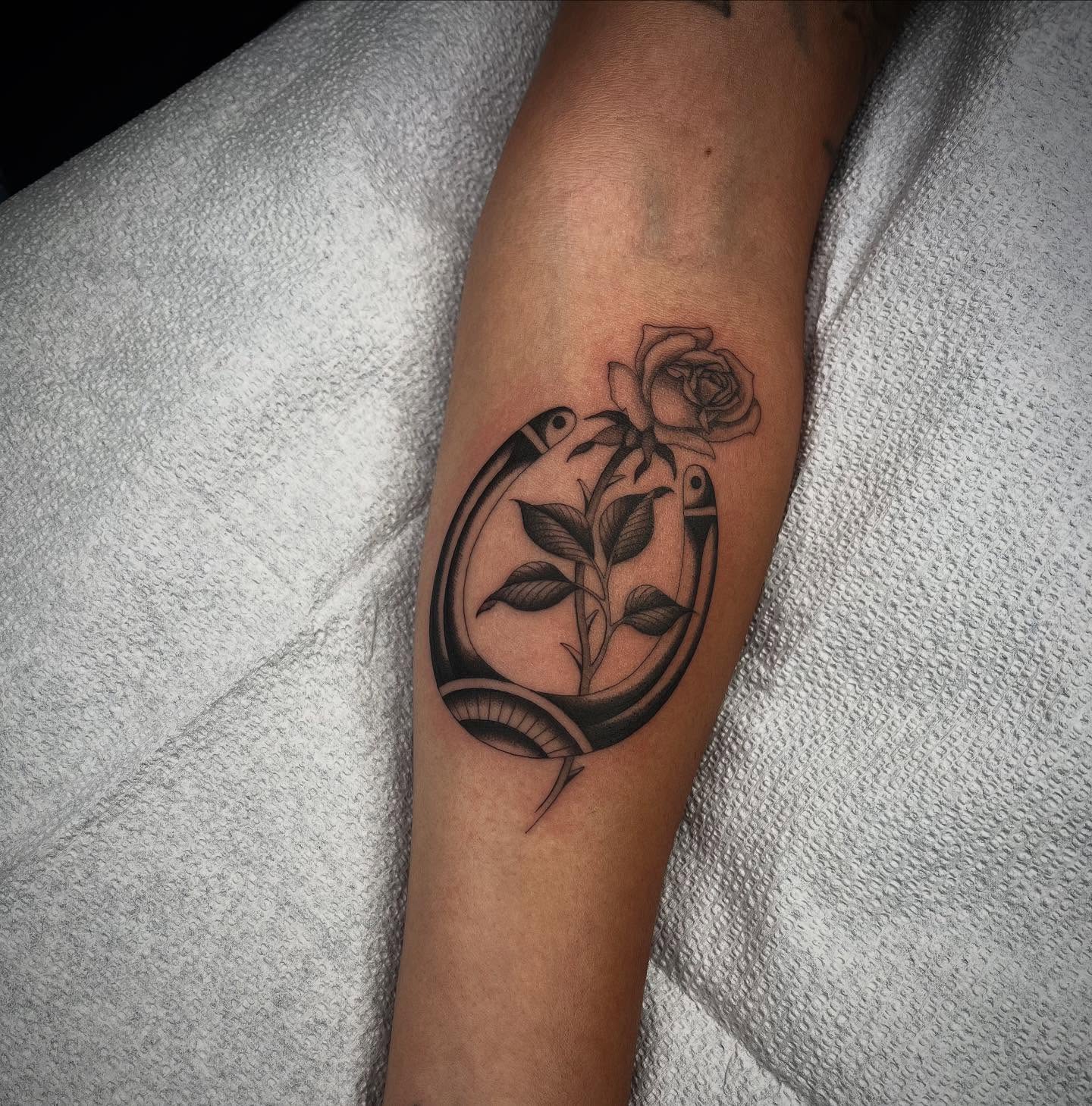 Bird and rose black and grey tattoo on the forearm by linahsiaotattoo