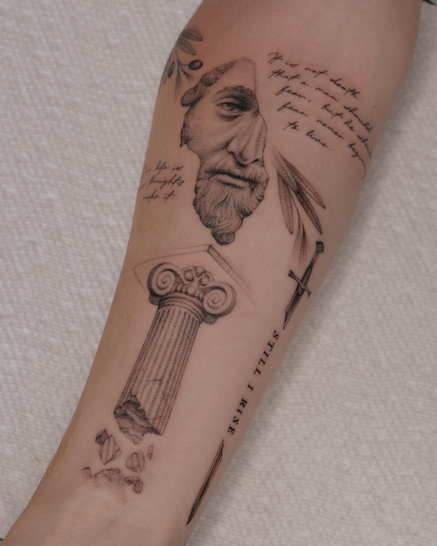 Philosopher's head realism tattoo on the forearm by Jason Lu ✪