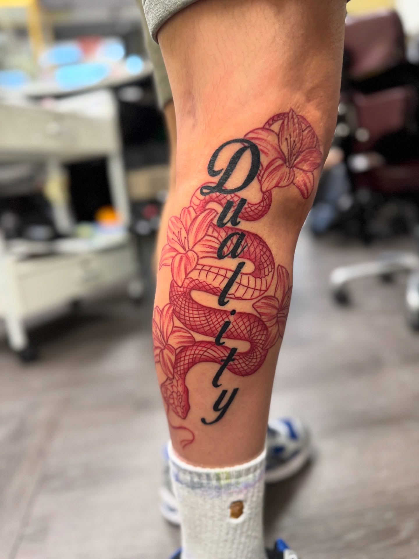 Duality fine line tattoo on the forearm by Rich Kid, New York, New York