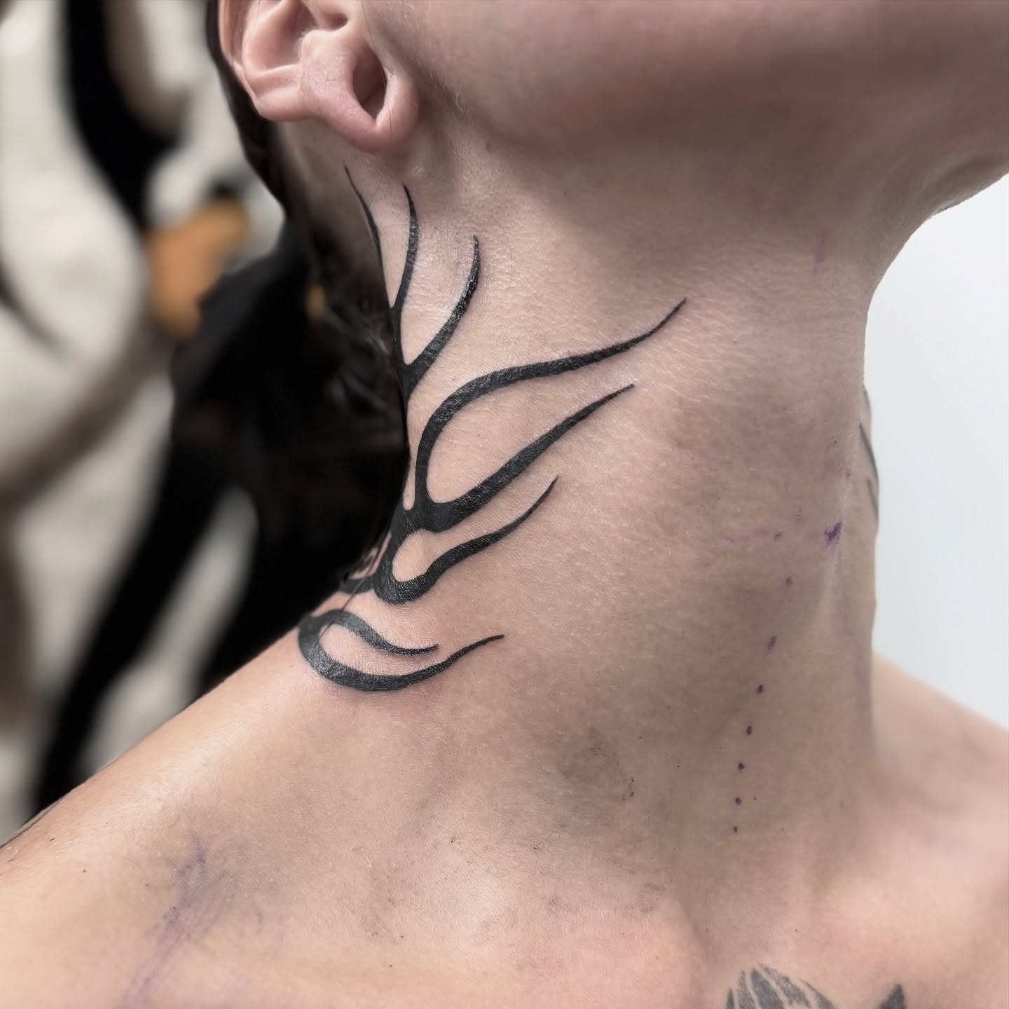Antlers black and grey tattoo on the neck by Han shinko, Portland, Oregon