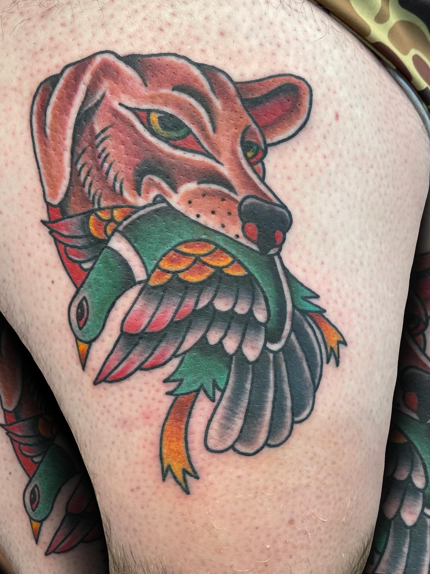 Fox and bird American traditional tattoo on the thigh by ᴄʜʀɪs ᴀᴠᴇʀᴀ
