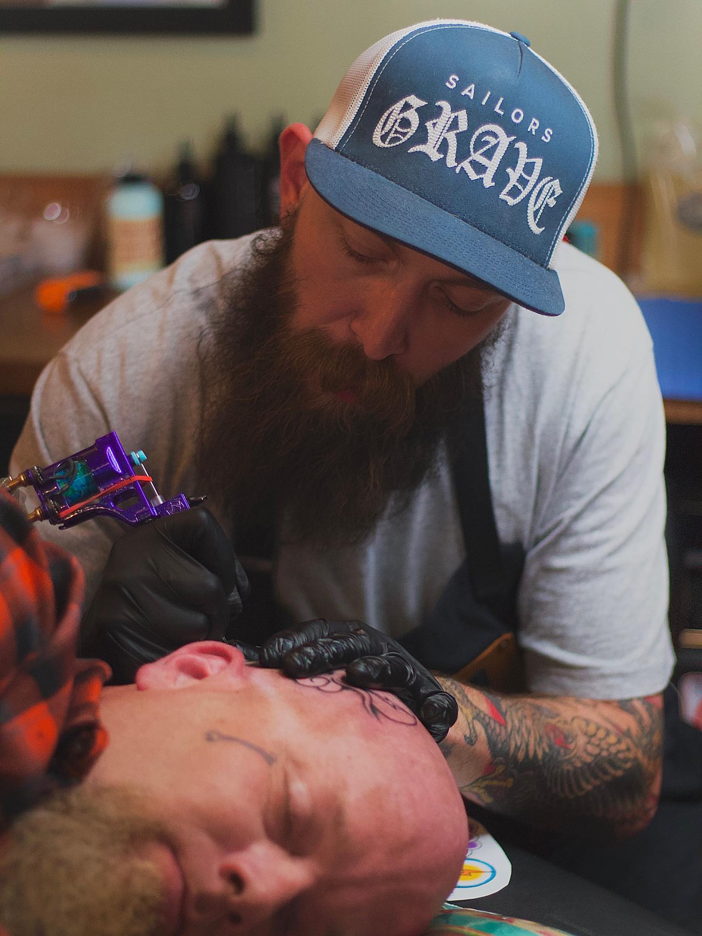 Beard American traditional tattoo on the head by Domanick Libretti, Nashville, Tennessee