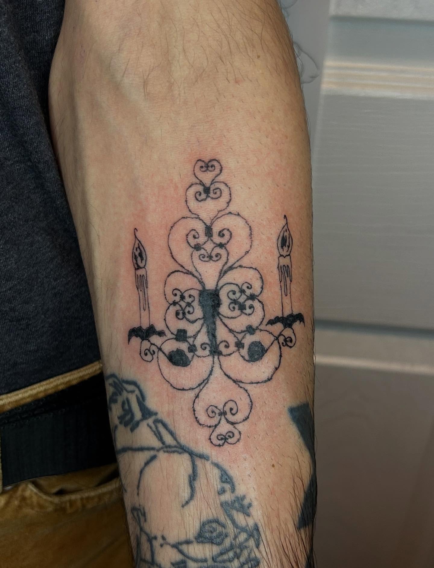 Candle chandelier black and grey tattoo on the forearm by (isa)ac ૮₍ ˃̵ࡇ˂̵ ₎ა