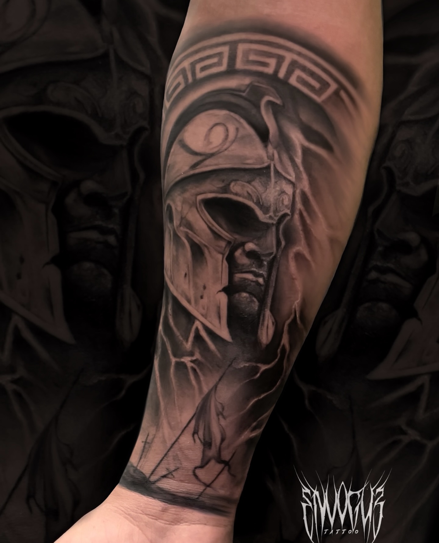Spartan helmet realism tattoo on the forearm by Turk