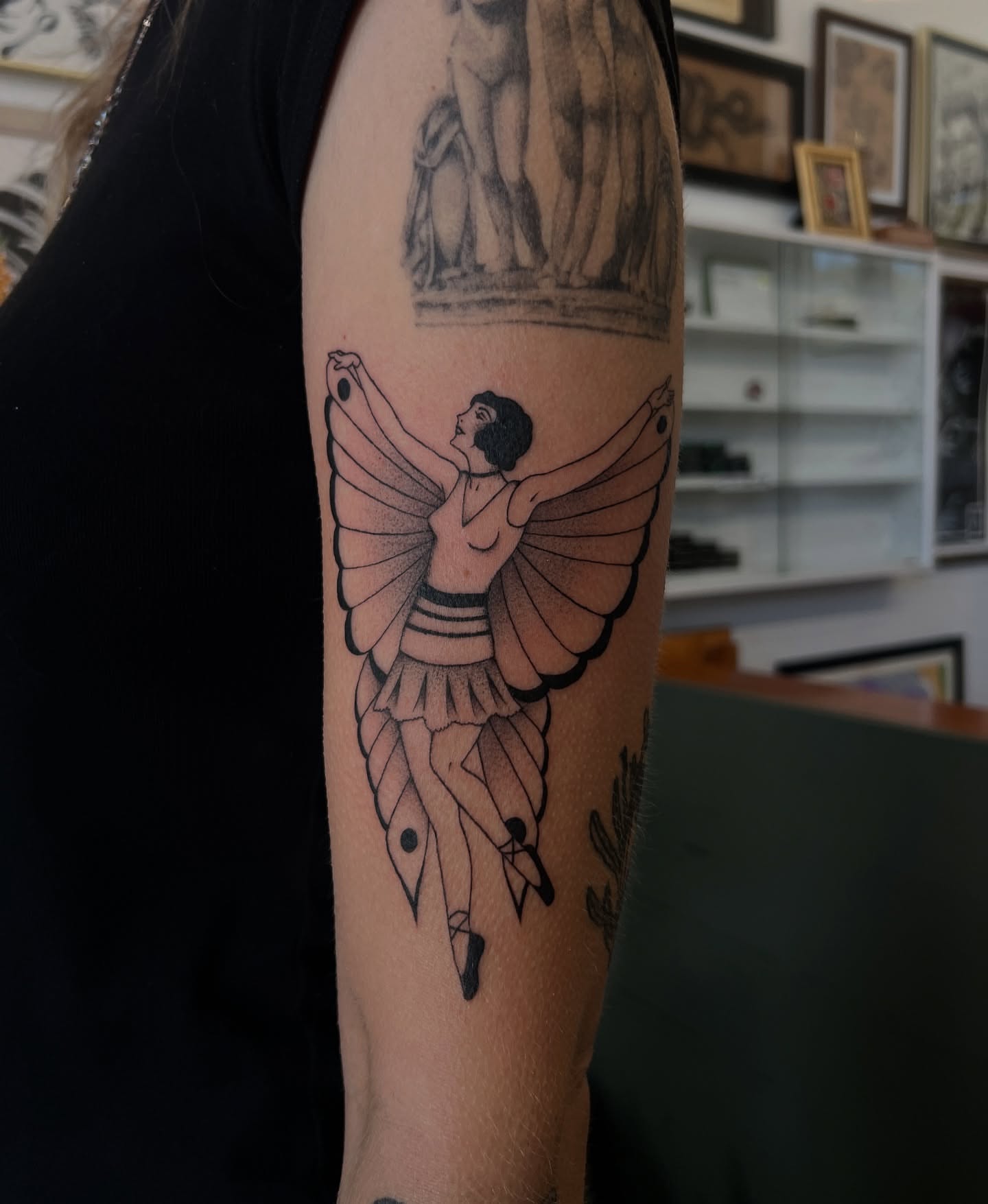 Butterfly dancer black and grey tattoo on the forearm by @syrenbier, San Francisco, California
