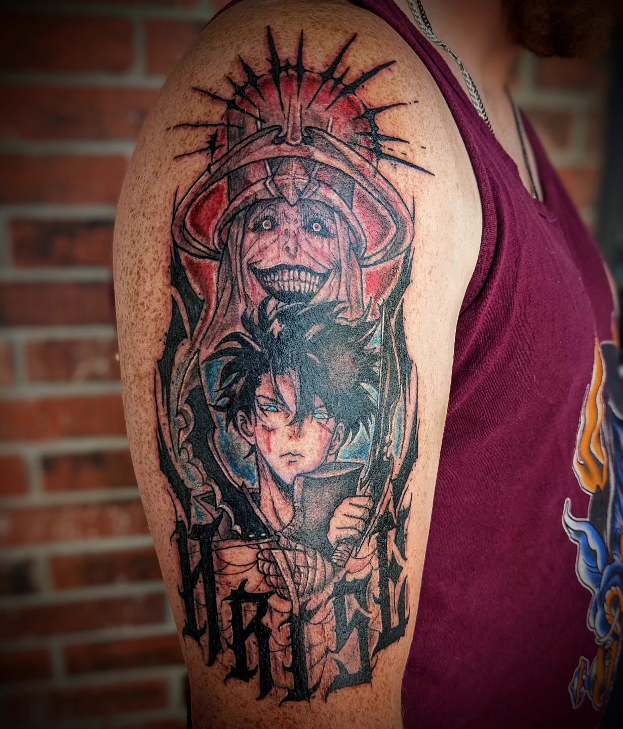 Anime characters anime tattoo on the upper arm by 𝕸𝖆𝖉𝖎 (𝕸𝖆𝖉 𝕯𝖔𝖌)