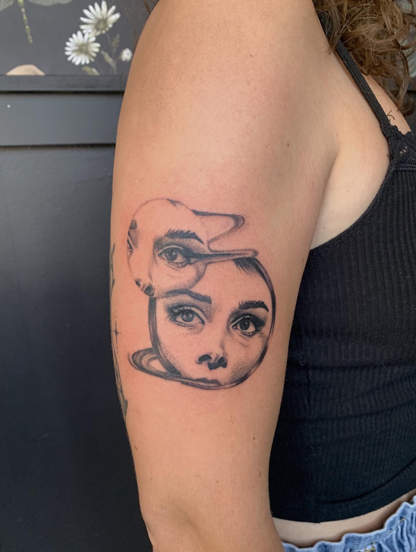 Portrait dotwork tattoo on the forearm by Jess, Midvale, Utah