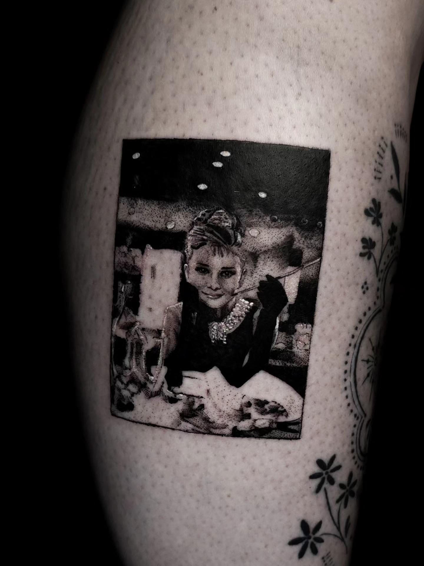 Audrey hepburn black and grey tattoo on the forearm by Viktoriia ▪︎ Tattoo ▪︎ Chicago ▪︎ Naperville