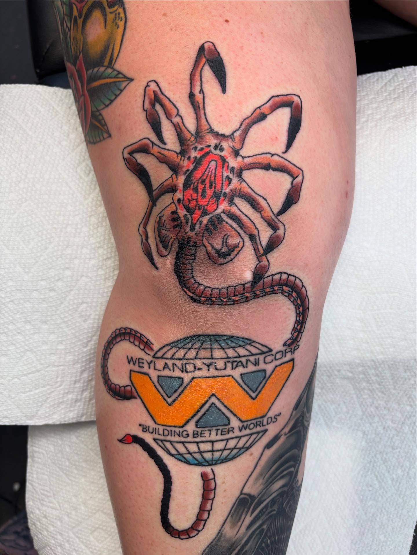 Spider and snake realism tattoo on the thigh by Ben Whyte