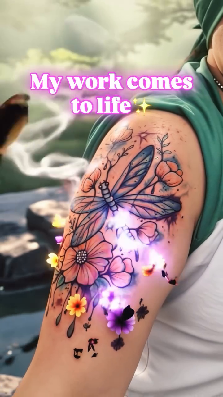 Dragonfly and flowers watercolor tattoo on the upper arm by Vegas Val LadyTattooArtist 💚