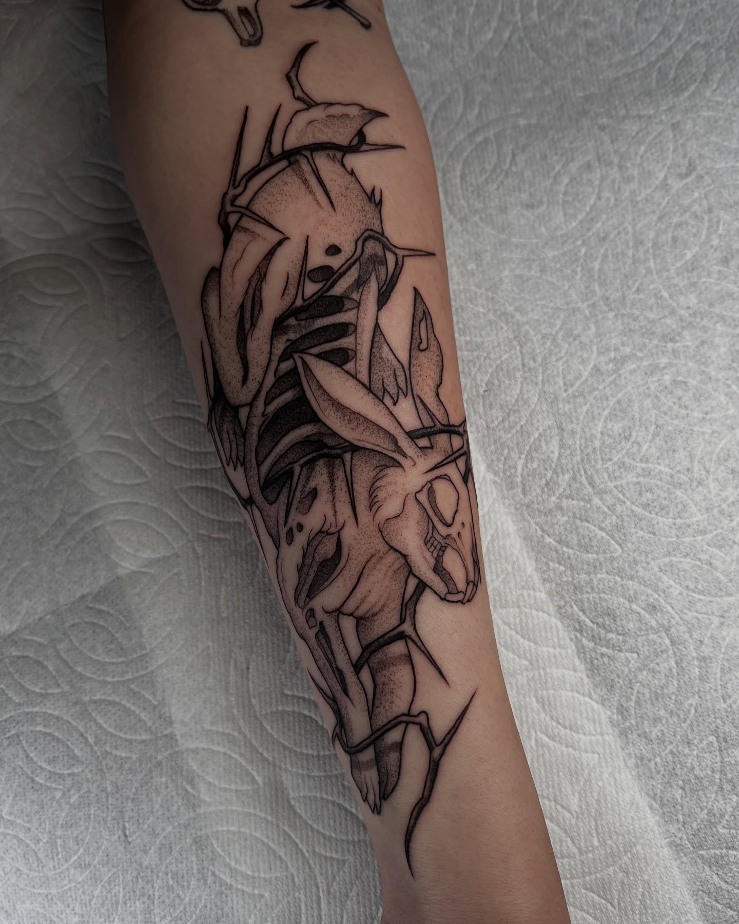 Skeleton dotwork tattoo on the forearm by Las Vegas Tattoo Artist