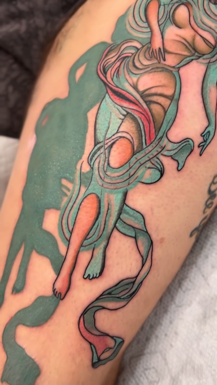 Woman with flowing fabric neo-traditional tattoo by superteal