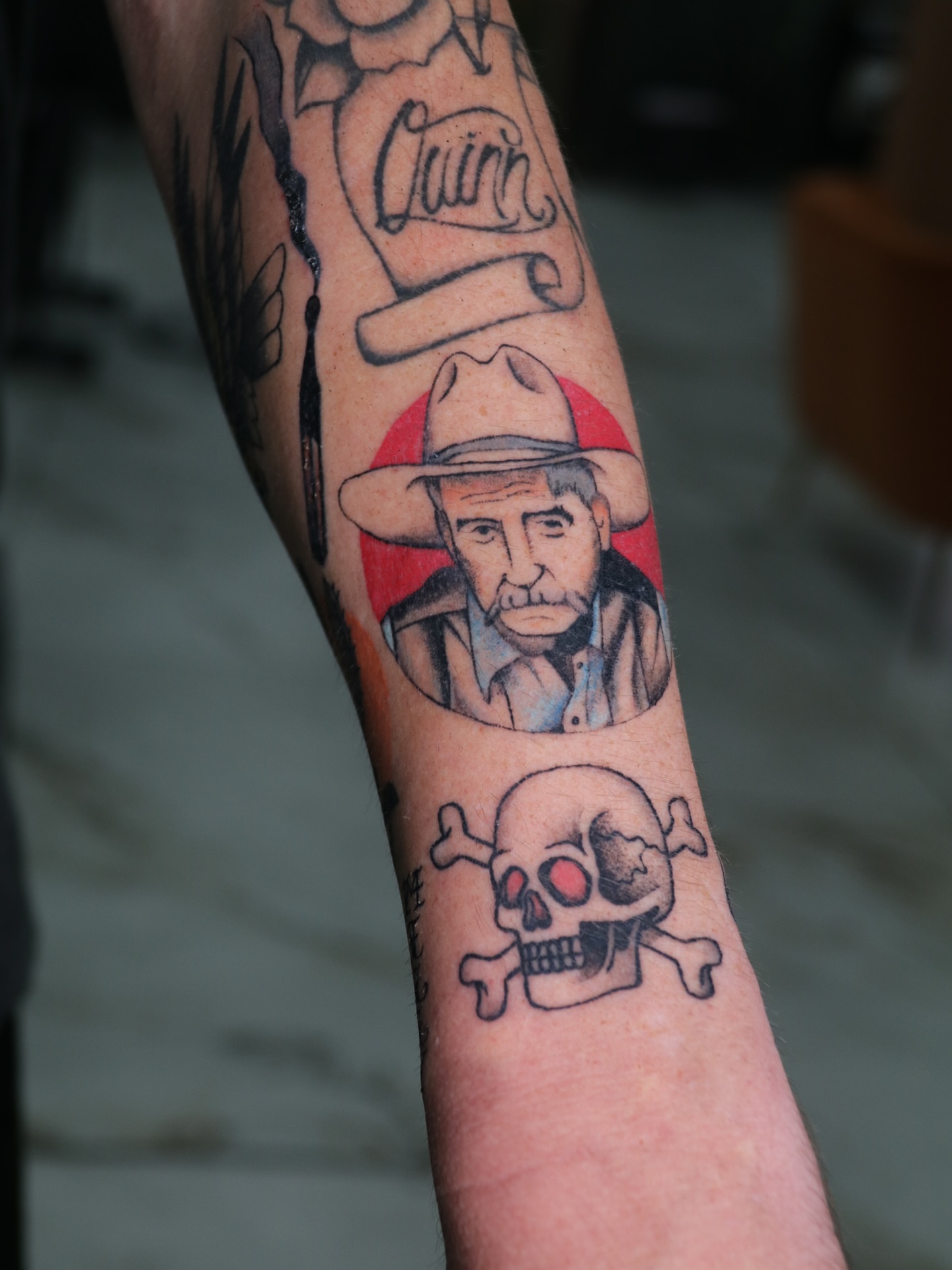 Cowboy portrait American traditional tattoo on the forearm by Melissa C, Phoenix, Arizona