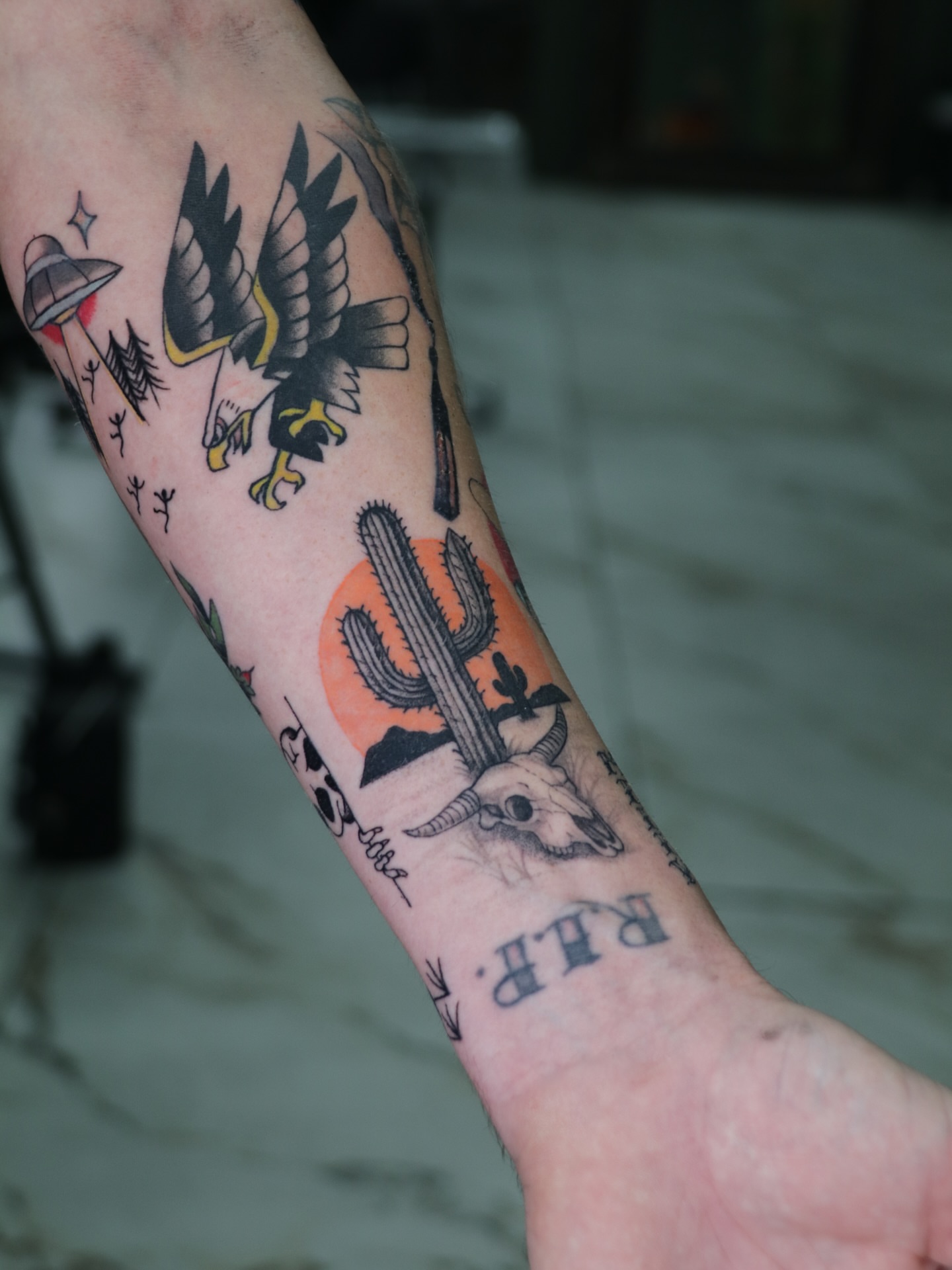 Desert landscape American traditional tattoo on the forearm by Melissa C, Phoenix, Arizona