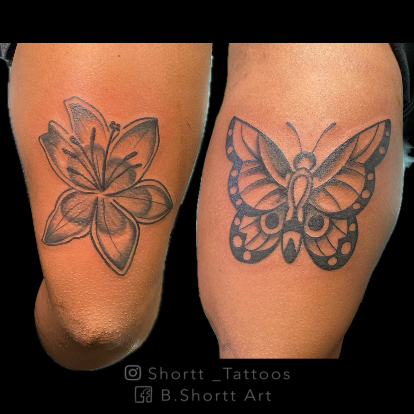 Flower and butterfly black and grey tattoo on the forearm by Brie Marie