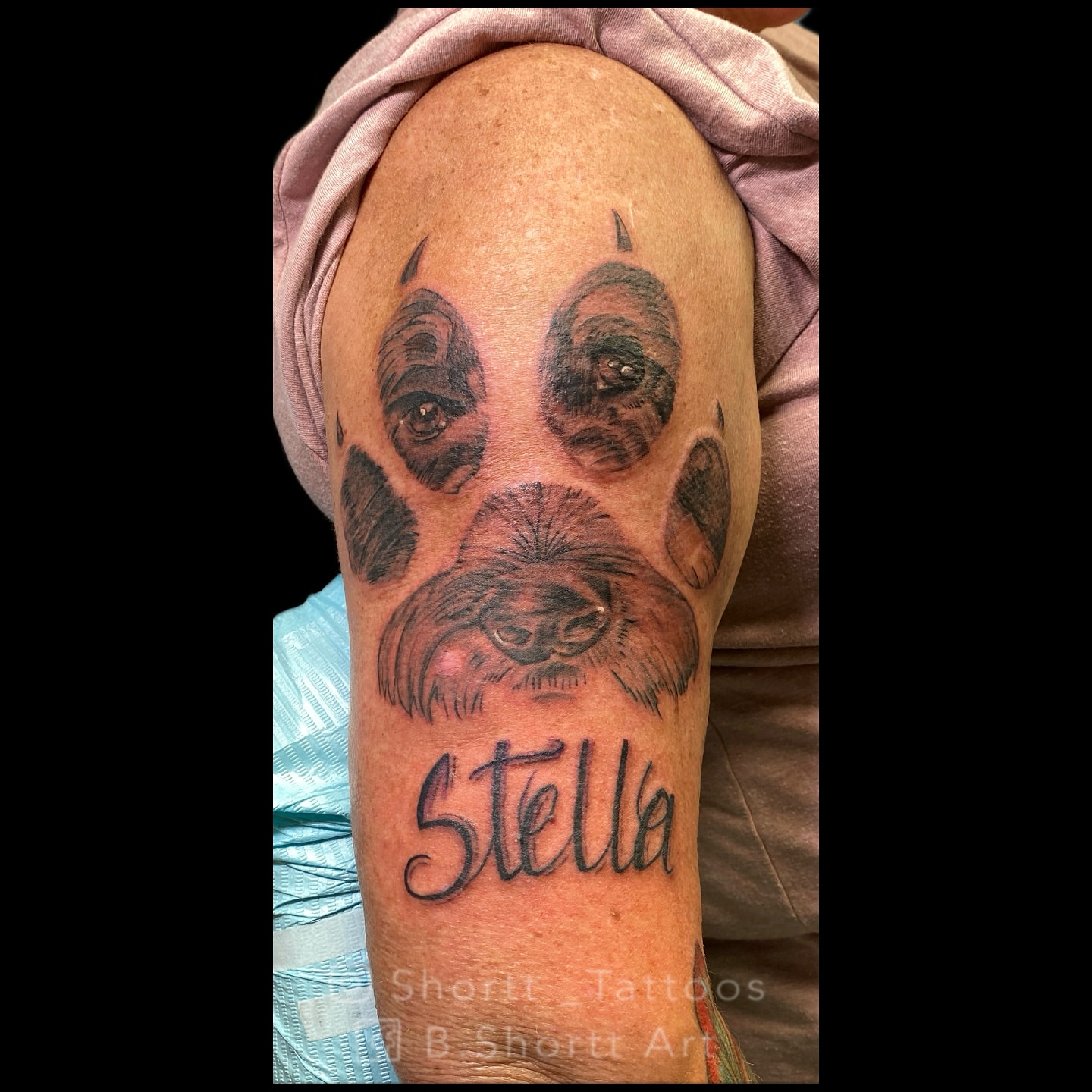Dog black and grey tattoo on the forearm by Brie Marie