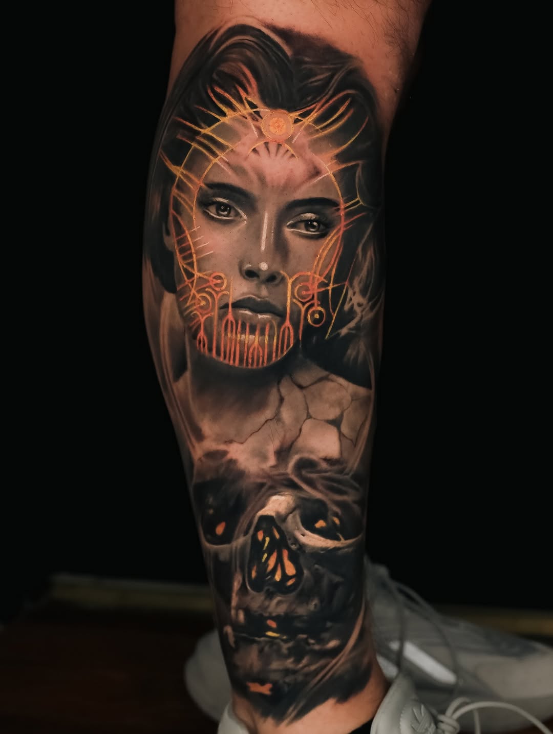 Woman and skull neo-traditional tattoo on the forearm by angel.antonio.tattoos