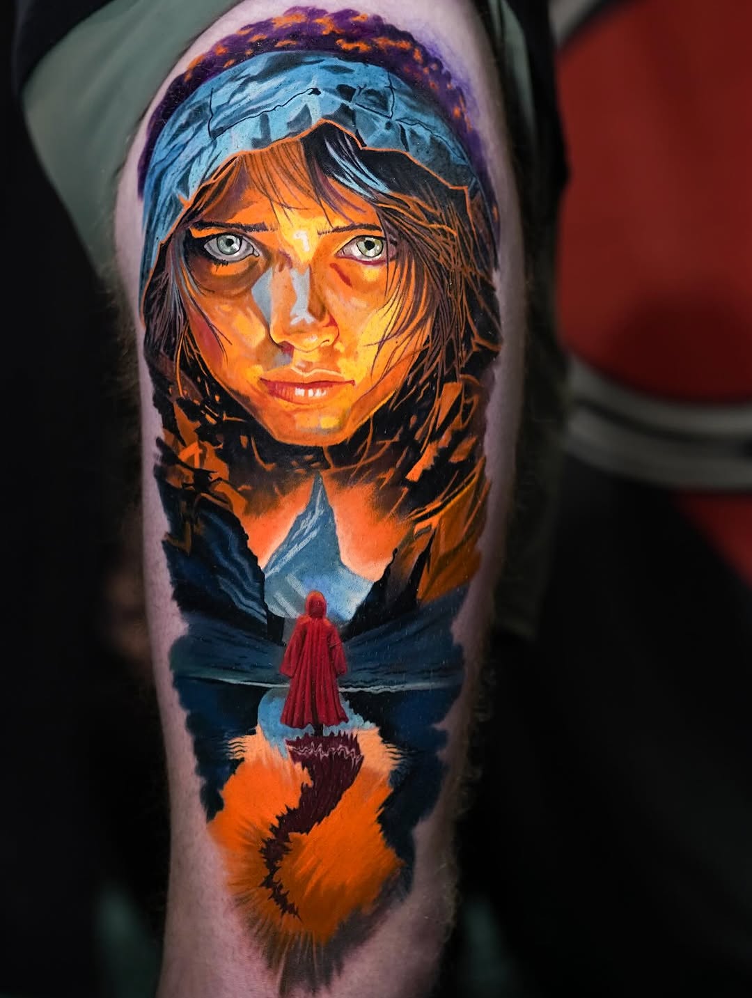 Woman and landscape surrealism tattoo on the forearm by angel.antonio.tattoos