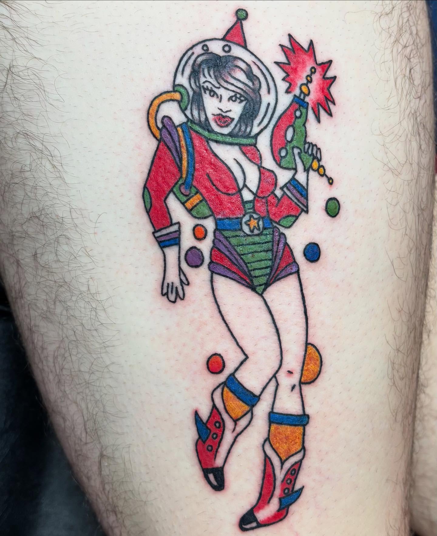 Joker character new school tattoo on the thigh by Natalie Opal🪻🍎🫖